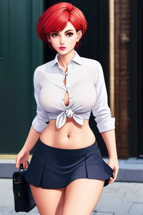  a woman london tall sexy attractive beautiful action red hair short cut picture her brown eye light pink lip she dresses white button down shirt tied knot shows navel and a short light blue striped skirt yellow school black heel 