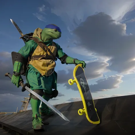 Ninja Turtle holding a skateboard and a sword on a platform, a sky background.