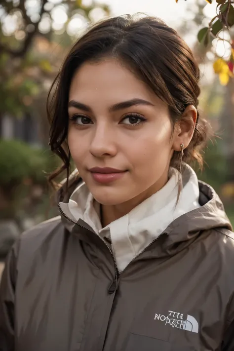 Christen Harper con una hermosa cara madura, tez oscura, short hair tied back, cejas grandes y tatuadas, Mirando directamente al espectador, brunette, senos extra grandes Representado de manera realista, usando una chompa impermeable north face para el fri...