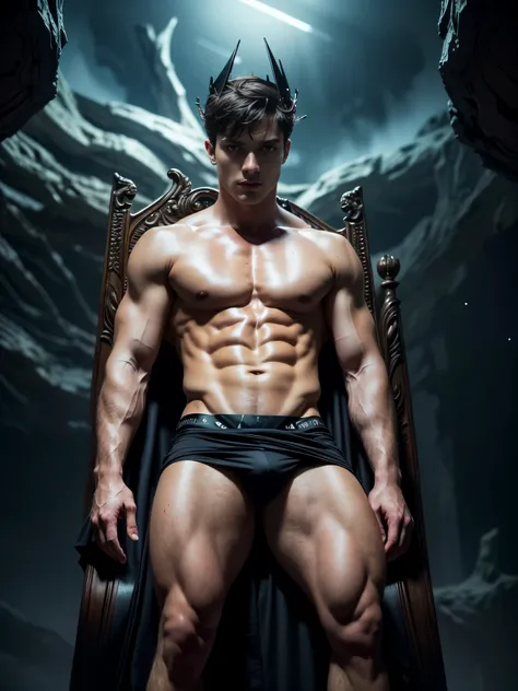 (photorealistic),masculine and shirtless male model, full body shot. A photograph of a 18 years old male model shirtless, he is sitting at the edge of futuristic throne, he is wearing a (dark evil masculine crown:1.4), and tight black futuristic loincloth,...