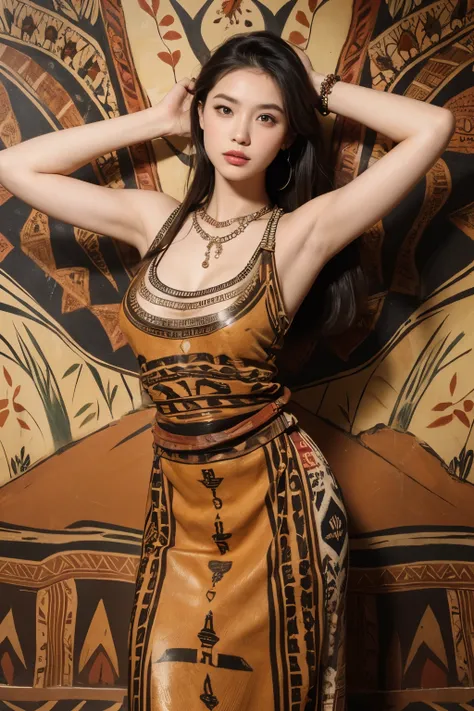 Beautiful woman wearing a dress made of animal skin, Primitive era mural background, model pose, 