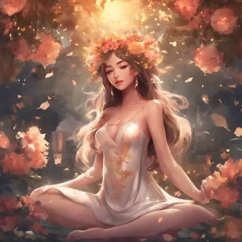 most beautiful in the world, fair, 16 years old girl, wearing nothing, reddish skin, golden hue aura, sitting, with beautiful flower garland, photo realistic, 8k ultra defination, surrounded by flowers, bokeh, animated lighting, sexy hot scenes, nude 