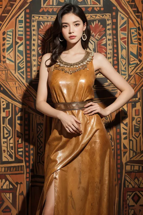 Beautiful woman wearing a dress made of animal skin, Primitive era mural background, model pose, 