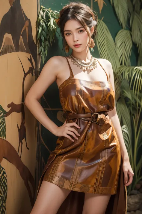 Beautiful woman wearing a dress made of animal skin, Primitive era mural background, model pose, 