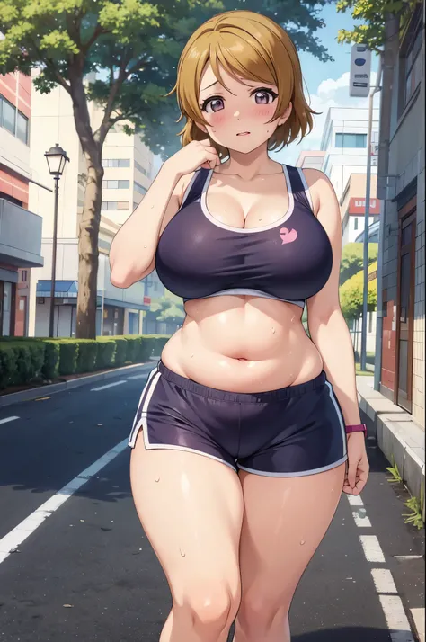 koizumi hanayo, gym bra,big breasts,fat,, curvy body,plump, shorts,in street, sunny day,sweaty, sweating ,(exposed crotch)