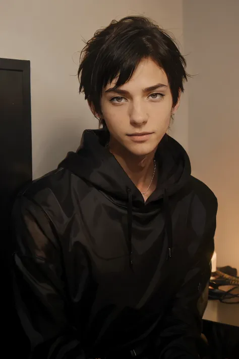 ((high quality)), ((best quality)), ((a handsome teenage boy)), a boy, teenager, 17 years old, handsome, tall, thin, full height, black hoodie, white and transparent skin Pale, short shiny black pixie bangs, smoking, night, handsome, elegant, good looking,...