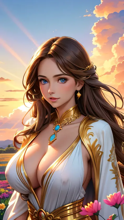 Best quality, 30 year old woman, massive breasts, brown long  hair, blue eyes, skimpy gold robes, sunset, upper body, sexy, angelic, golden glow, opulent, luxurious, god rays, fluffy clouds, colourful flower field,