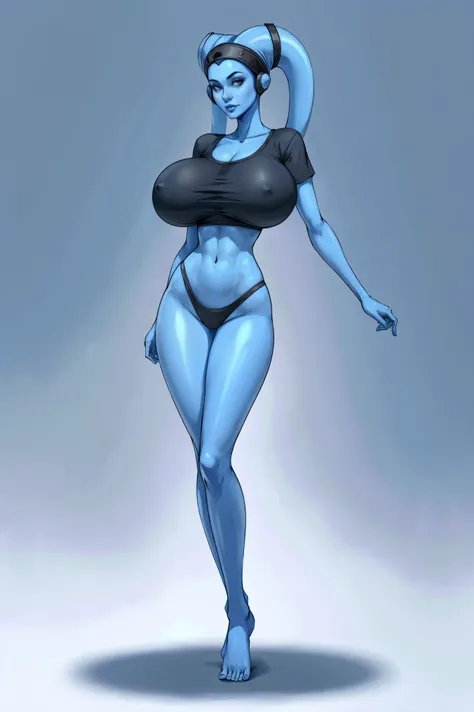 Tall, (thin), Blue Skin Twilek with (huge breasts) wearing an oversized t-shirt, panties, huge breasts, tall, graceful, (tall), slim hips, small waist, full-body shot