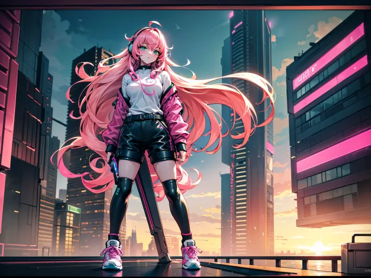 masterpiece:1.4, 1girl ((20year old, dressed in long sleeve shirt, tight black shorts, sneakers, medium breasts, multicolor pink hair, curly long hair, green eyes:1.4, Wearing headphones, standing on a balcony:1.1 tall sci-fi buildings in background:1.1, n...