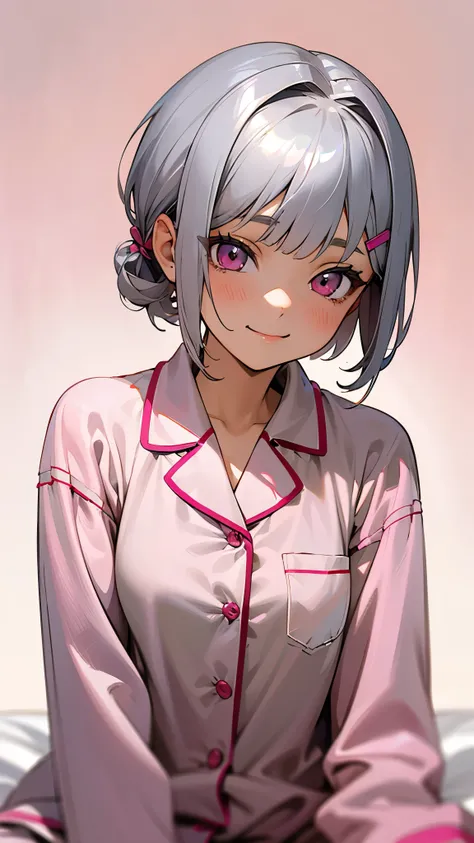 17 year old girl sitting on bed、alone、Anime style painting、Wearing pajamas、Silver and bob short hairstyle、Tie your hair up with a hair clip、Pink Eyes、smile、smile、The soft texture of pajamas、Upper body close-up、Grey and pink color scheme、Background Blur、Dep...