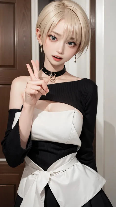 1 Girl、solo、masterpiece,highest quality,High resolution,Very detailed, skinny,Black Choker,Earrings,Big cleavage、Off-the-shoulder tight sweater dress,

 Cute pose、(((Open your mouth))), Heavy breathing , (aheghentai face:1.5), 
Blonde pixie short hair、
(((...