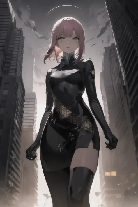 anime, (obra de arte, melhor qualidade, ultra-detalhado, alto contraste), 1 mulher (Sozinho, corpo todo, corpo plus size, standing on the edge of the skyscraper, cabelo prateado, CABELO LONGO E FLUXO, olhos vermelhos brilhantes de rubi, (qipao preto, black...