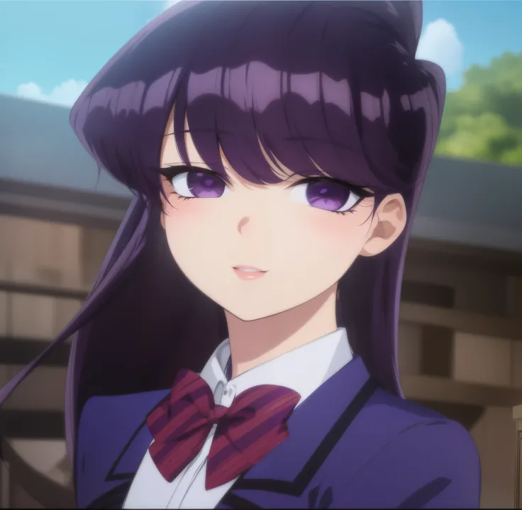 Marinha Kitagawa (Eu sou Boneca Bisque) nariz anime perfeito. Boca fofinha, beautiful lips with gloss. Anime girl illustration with dark purple hair and purple eyes, garota com lindo sorriso, excited expression, cores vivas. 4K semi-realistic anime illustr...