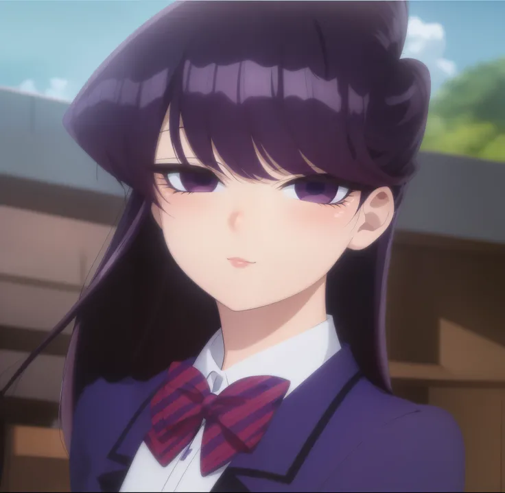 Marinha Kitagawa (Eu sou Boneca Bisque) nariz anime perfeito. Boca fofinha, beautiful lips with gloss. Anime girl illustration with dark purple hair and purple eyes, garota com lindo sorriso, excited expression, cores vivas. 4K semi-realistic anime illustr...