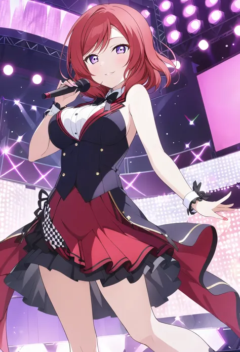 , live stage, large breasts, formal dress smile　solo, maki nishikino, short hair, (purple eyes:1.1), red hair,