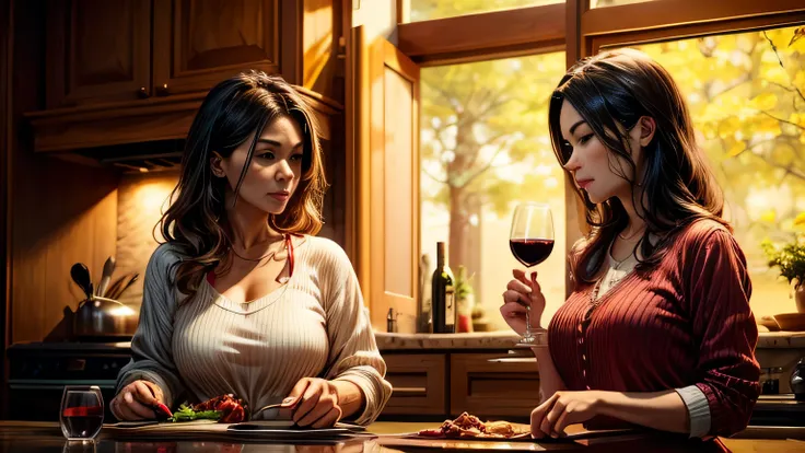 2 women drinking wine at home while cooking