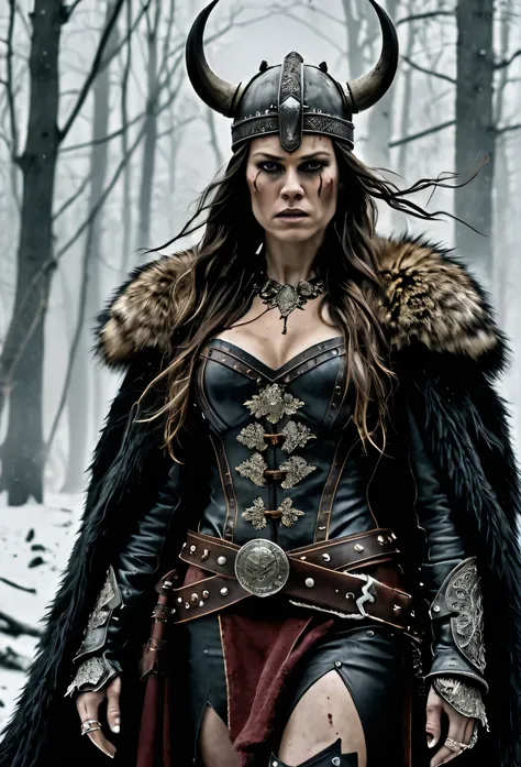 macabre style Capture the indomitable spirit of a beautiful Viking Age princess warrior, cowboy shot, standing triumphantly amidst the chaos of a brutal skirmish, wearing luxurious furs and distressed leathers, brunette hair, she embodies sophisticated sav...