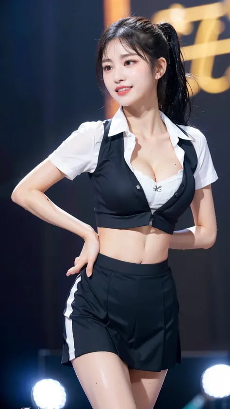 (8k), (highest quality: 1.2), (Realistic), (Realistic: 1.47), Ultra-high resolution, 1 girl, cute, smile, Mouth closed, (Thick lips:1.2),Red lips,Beautiful details, Beautiful Nose,(Straight shiny black hair),(ponytail),Dancing on stage at a concert,(Univer...