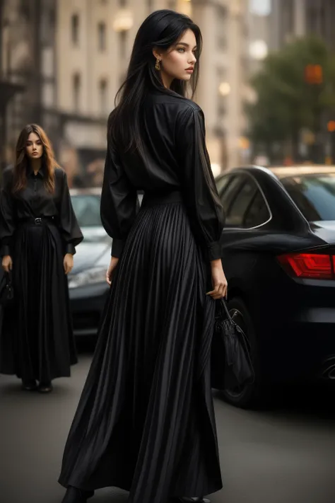 bellissima, 1girl, solo, Armani style, long hair, looking at viewer, skirt, shirt, black hair, long sleeves, brown eyes, standing, pants, lips, black shirt, long skirt, realistic Armani style, long hair, skirt, shirt, black hair, long sleeves, standing, fr...