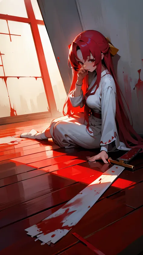 crazy girl crazy  socks older long hair shrine maiden   breasts white shirt. stabbed blood knife crying blood on walls, wooden f...