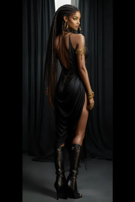 bellissima, 1girl, solo, Armani style, long hair, black hair, jewelry, full body, earrings, boots, dark skin, from behind, high heels, dark-skinned female, high heel boots, dreadlocks