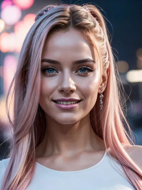 a marvel movie villain, superbe jeune jeune femme, photo with face on the left side of the image, longs cheveux blancs avec des mèches roses fluo, cheveux dans le vent, sourire, vêtements rose et blanc, arrière plan ville détruite avec des explosions, brig...