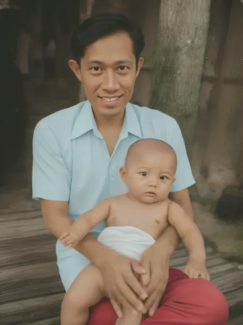 make this a photo look detailed and realistic, there is man wearing a white shirt and red pants and holding a baby in arms, in front of the boarded house, detailed potrait, perfected potrait, realistic potrait, very detailed potrait, full potrait, real 20k