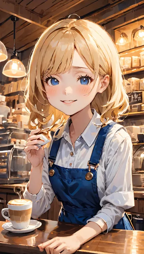 (Tabletop), highest quality, Very detailed,With a girl,White Business Shirt、Navy blue apron、Cute Overalls、clerk、blonde、Small Nose、Serving coffee to the audience、((Blurred Background:1.5))、Quaint coffee shop、In a dimly lit room、Warm lighting