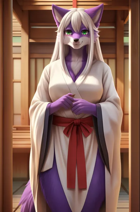 (sfw, 8K, Masterpiece, high resolution, super fine illustration, detailed background:1.5), (calm, mature:1.5), beautiful, fluffy, perfect anatomy, (solo, green eyes, 1 female wolf kemono, purple fur:1.25), (full body, tall:1.25), (white hair, long hair:1.2...