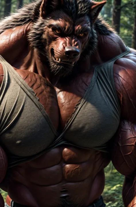 Extremely muscular werewolf, oversized biceps, oversized triceps, six pack, realistic, huge shoulders, oversized pectoral muscles, red skin, focus on ripped shirt, werewolf transformation, focus on close up of arm muscles, focus on arm muscles, extremely d...