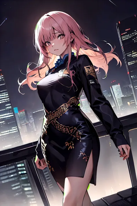 anime, (obra de arte, melhor qualidade, ultra-detalhado, alto contraste), 1 mulher (Sozinho, corpo todo, corpo plus size, standing on the edge of the skyscraper, cabelo prateado, LONGO Em um rabo de cavalo, olhos vermelhos brilhantes de rubi, (qipao preto,...