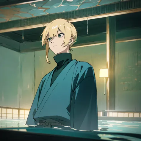 1 man with blond hair ((two long strands of hair on the sides of his face)) in the middle of the bangs, the strand is black, short hair. hair tied up in a bun behind. black eyes. big blue coat, white t-shirt, black turtleneck, black jeans, solo.
Swimming i...