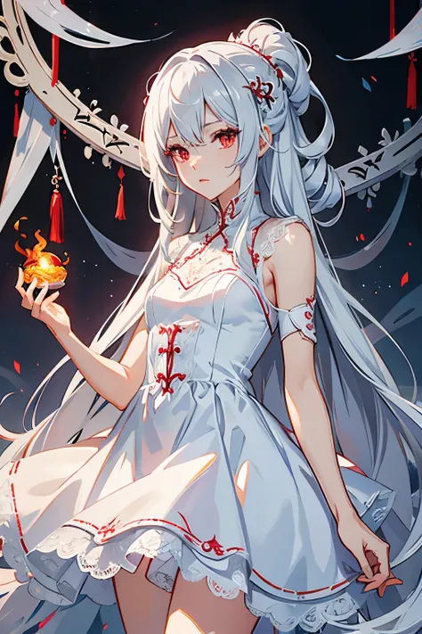 Character design, female, long silver hair, wearing a short white lace dress, red eyes, small frame, detailed, best quality