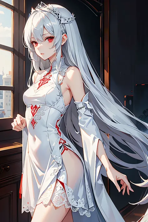 Character design, female, long silver hair, wearing a short white lace dress, red eyes, small frame, very skinny, detailed, best quality