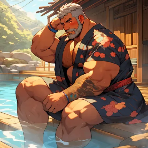 Man, alone, detailed eyes, kimono, sitting, in a hot spring, barazoku, hairy, muscular body, thick beard, faded haircut, silver hair color, black beard, red eyes, tattoos, embarrassed, blushing,