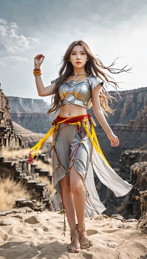 bright shot:1.3)a lone girl raider dressed in a spectacular realistic costume、standing triumphantly with one hand raised、her yel...