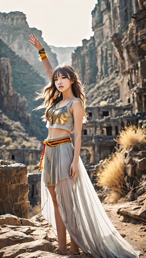 bright shot:1.3)a lone girl raider dressed in a spectacular realistic costume、standing triumphantly with one hand raised、her yel...