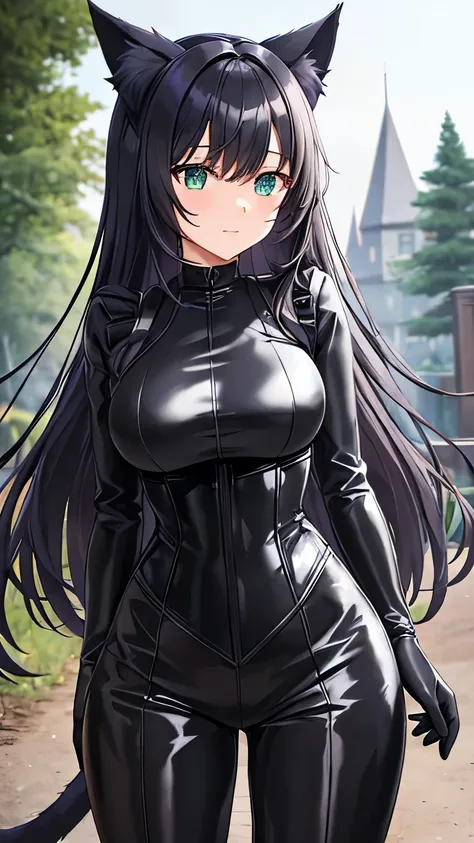 cat girl, black cat ears, black cat's tail, tight clothing, fabric gray trousers, with many details, gray corset, one-piece fabr...