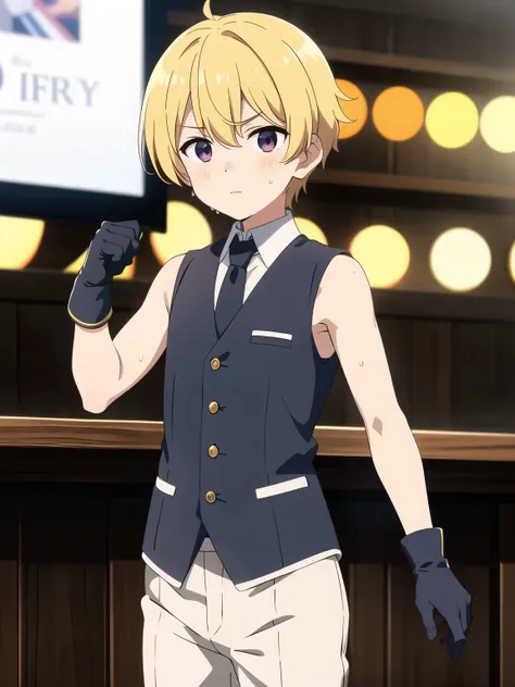 Highres, Masterpiece, Best quality at best,Best Quality,hight quality, hight detailed, 1boy, Boy,Fluffy hair, Side bangs, Shota, Sweat, Sleeveless vest, Tie, Glove, Depth of field, Anime screencap style, thin line, Seen from the front, Little sweat, Kpop, ...