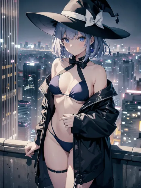 A girl stands on the rooftop of a high-rise building with a panoramic view of late-night Tokyo below.、She has a short bob with a white lob of hair and wears a large black witch hat with sapphire jewelry.、A high school student wearing a navy blue bikini-typ...