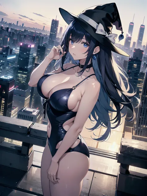 A girl stands on the rooftop of a high-rise building with a panoramic view of late-night Tokyo below.、She has a short bob with a white lob of hair and wears a large black witch hat with sapphire jewelry.、A high school student wearing a navy blue bikini-typ...