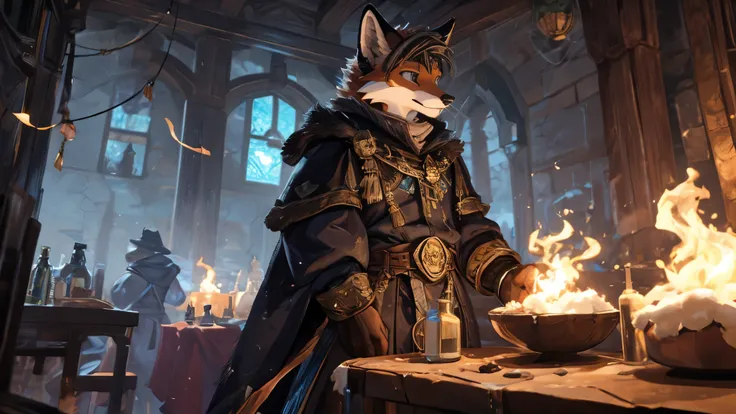 femboyish anthro fox alchemist,RPG character,medieval-looking grenade,cross belt filled with potions,detailed fur texture,mysterious aura,,enchanted atmosphere,shimmering light effects,rich colors,wisps of smoke in the background