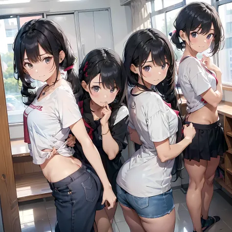 ((three girls are sticking out their big butt boldly)),  ((body shot:1.2)), (School changing room), ((Laughing with your mouth open)), slender, hair band, Headband, hair bobbles, brown hair, blond hair, navel, jewelry, looking at viewer, necklace, long hai...