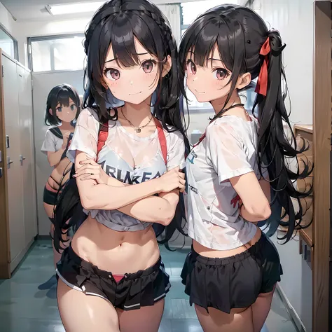 ((three girls are sticking out their big butt boldly)),  ((body shot:1.2)), (School changing room), ((Laughing with your mouth open)), slender, hair band, Headband, hair bobbles, brown hair, blond hair, navel, jewelry, looking at viewer, necklace, long hai...