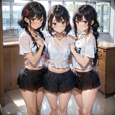 ((masterpiece, best quality, ultra quality, high quality, hyper detailed, intricate detailed, perfect anatomy, shiny skin)), ((three girls are sticking out their big butt boldly)), (body shot:1.4), (big butt), (In the school changing room),  (smile, shy, r...