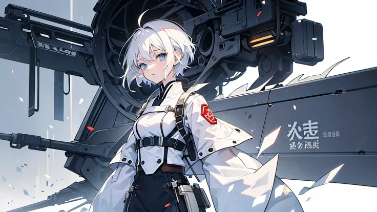 white-haired beautiful girl　short hair　mechanic clothes　anime style　highest quality　the background is the battlefields of tokyo　...