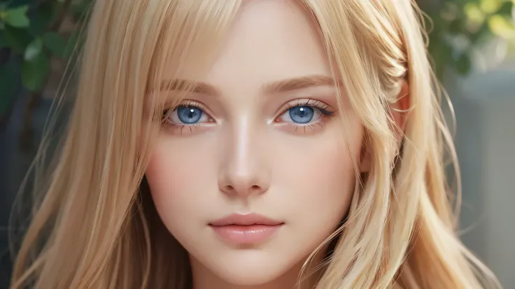 Soft portrait of a beautiful blonde woman, flowing golden hair, captivating blue eyes, delicate features, natural makeup, elegant attire, gentle expression, subtle blush, warm skin tones, ethereal lighting, soft shadows, high-resolution digital painting, r...