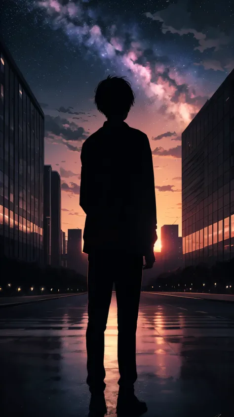 Anime,silhuette,1boy, Star (skyporn), cloud, Cityscape, building, city, Outdoors, Skyscraper, City lights, Night, nigh sky, Sunset, sky line