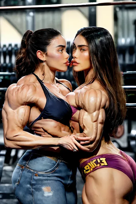 (2 girls body builders:1.6), ((masterpiece)), best quality, ultra-detailed:1.7, finely detail, high resolution:1.6, perfect dynamic composition, beautiful detailed faces:1.77, blonde babes:1.88, perfect red lipstick, perfect makeup:1.8, short denim bikini ...