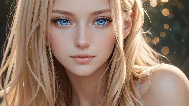 Soft portrait of a beautiful blonde woman, flowing golden hair, captivating blue eyes, delicate features, natural makeup, elegant attire, gentle expression, subtle blush, warm skin tones, ethereal lighting, soft shadows, high-resolution digital painting, r...